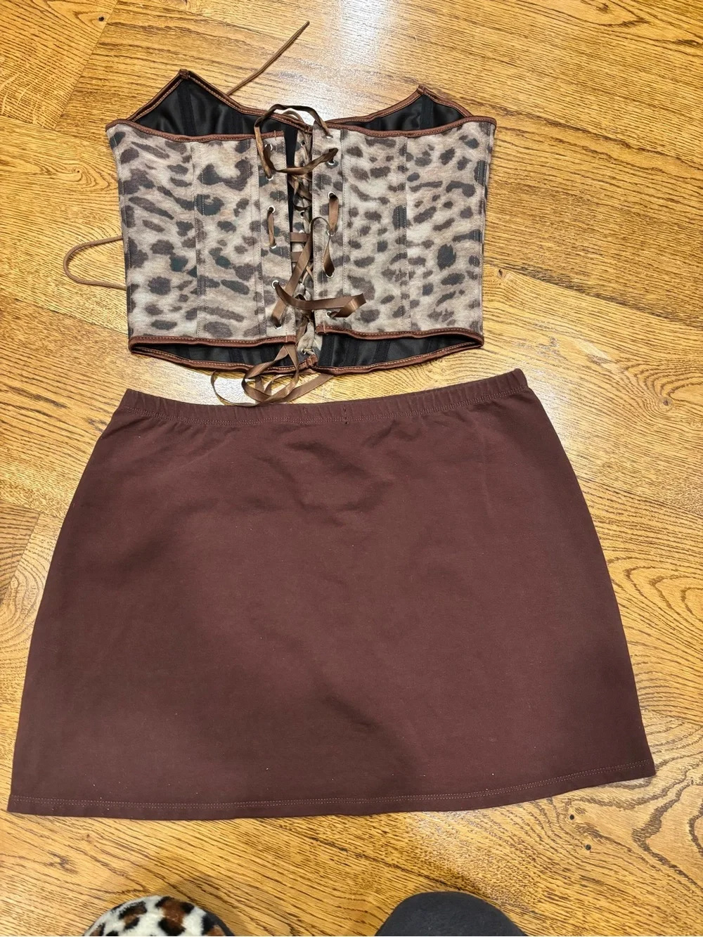 PACSUN Solid Brown Mini Play Boy Bunny Skirt With Cheetah SHEIN Corset Top L